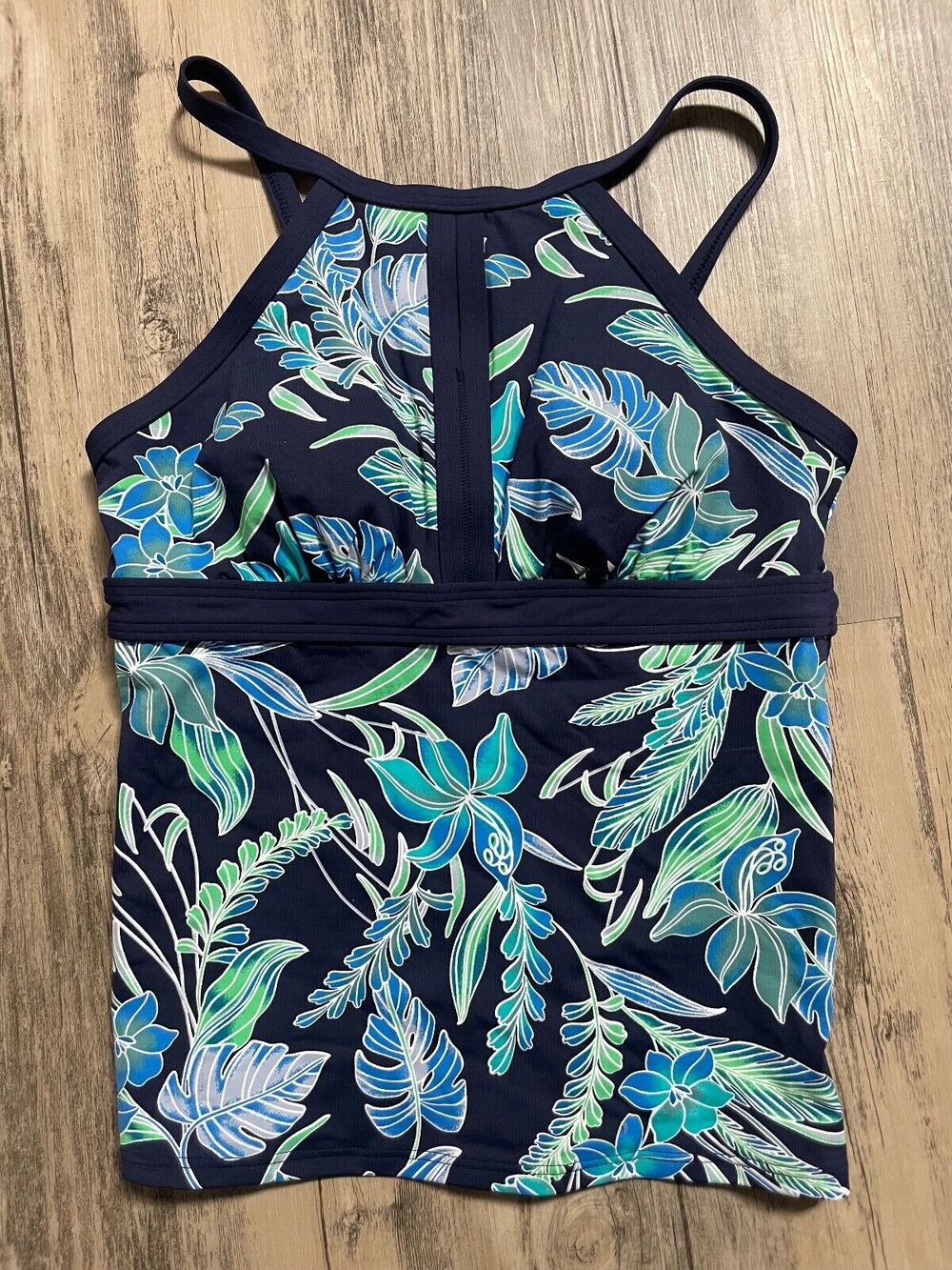 Lands End 2P Petite High Neck Keyhole Tankini Top Navy Tropical Floral Wirefree - Picture 1 of 4